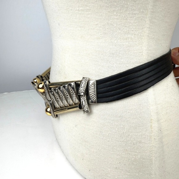 Vintage Mixed Metal Statement Belt Black Leather Gold Silver Sunburst Geometric - Picture 4 of 10